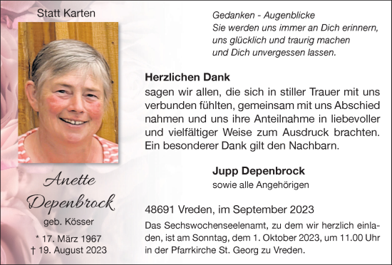 Traueranzeige von Anette Depenbrock von Münstersche Zeitung und Münsterland Zeitung