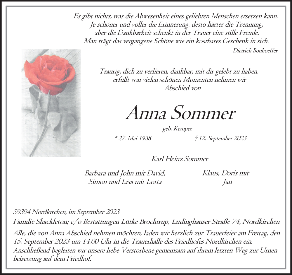  Traueranzeige für Anna Sommer vom 13.09.2023 aus Ruhr Nachrichten