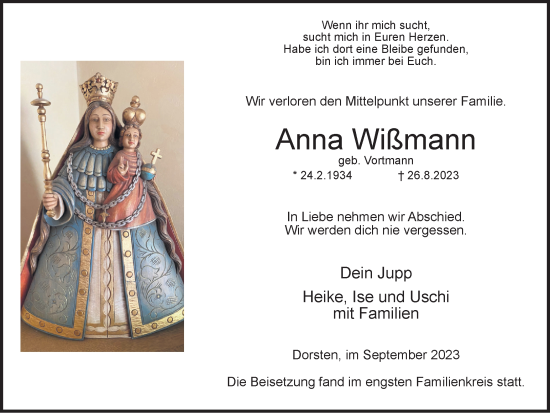 Traueranzeige von Anna Wißmann von Ruhr Nachrichten und Dorstener Zeitung