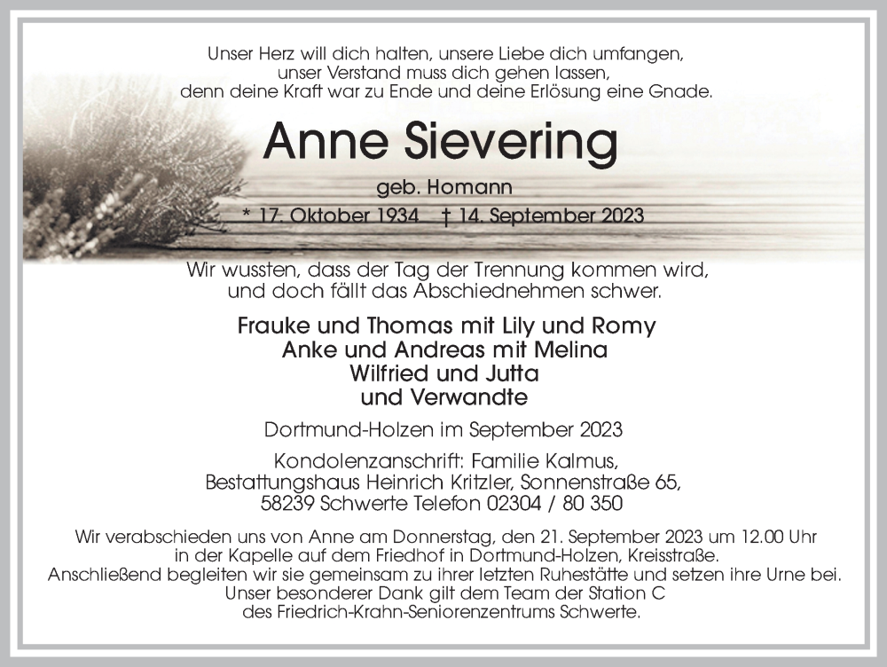  Traueranzeige für Anne Sievering vom 16.09.2023 aus 