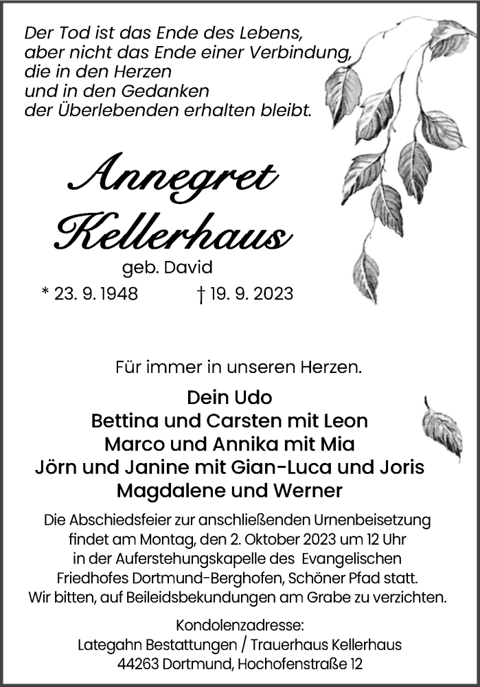  Traueranzeige für Annegret Kellerhaus vom 23.09.2023 aus 