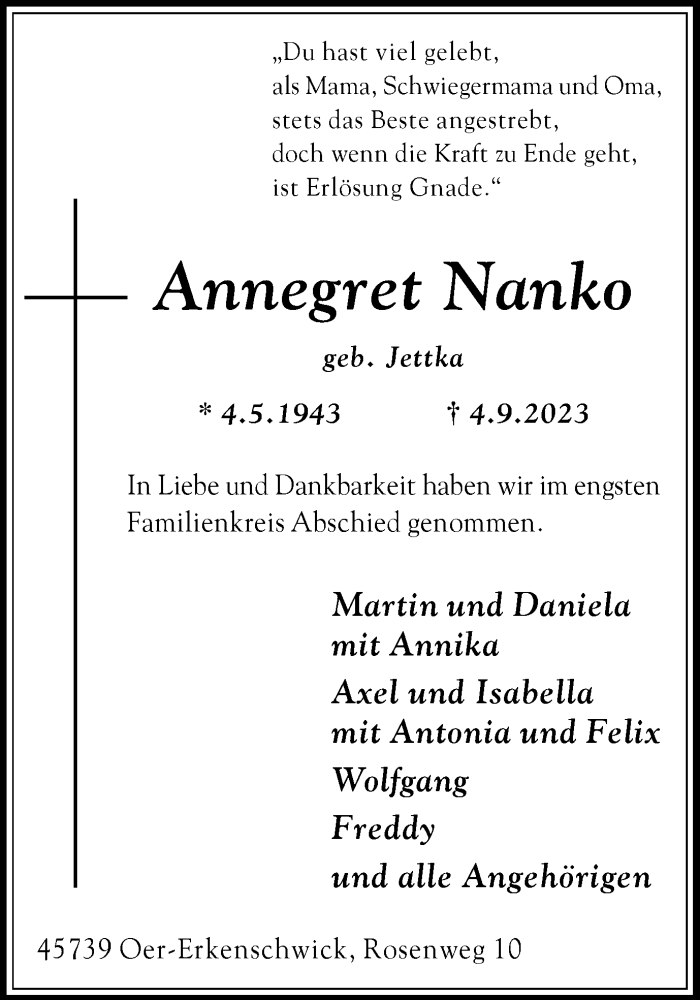  Traueranzeige für Annegret Nanko vom 23.09.2023 aus Medienhaus Bauer