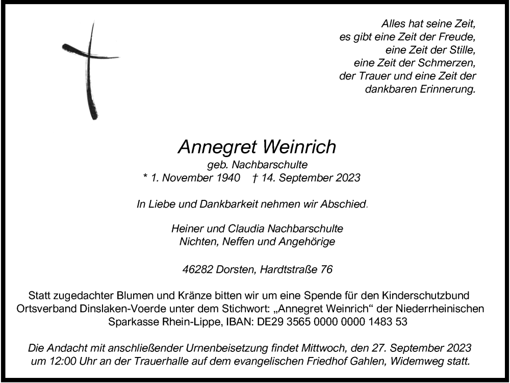  Traueranzeige für Annegret Weinrich vom 23.09.2023 aus Ruhr Nachrichten und Dorstener Zeitung