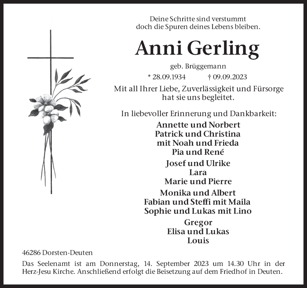  Traueranzeige für Anni Gerling vom 12.09.2023 aus Ruhr Nachrichten und Dorstener Zeitung