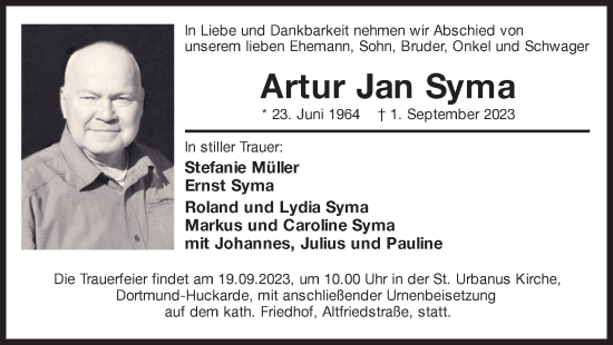 Traueranzeige von Artur Jan Syma 