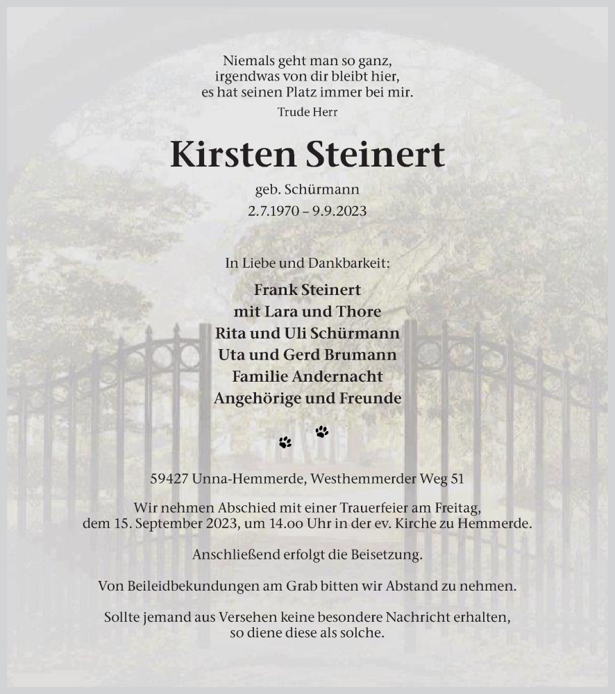  Traueranzeige für Kirsten Steinert vom 13.09.2023 aus Hellweger Anzeiger