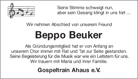 Traueranzeige von Beppo Beuker von Münstersche Zeitung und Münsterland Zeitung