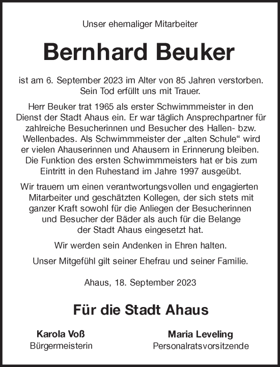Traueranzeige von Bernhard Beuker von Münstersche Zeitung und Münsterland Zeitung
