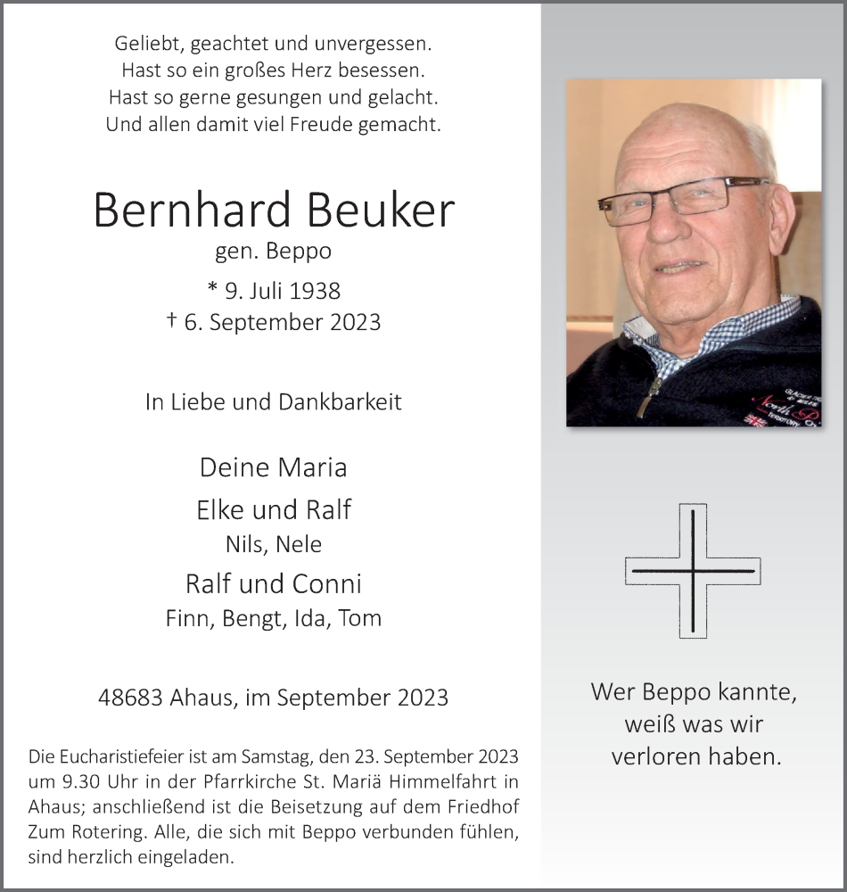  Traueranzeige für Bernhard Beuker vom 16.09.2023 aus Münstersche Zeitung und Münsterland Zeitung