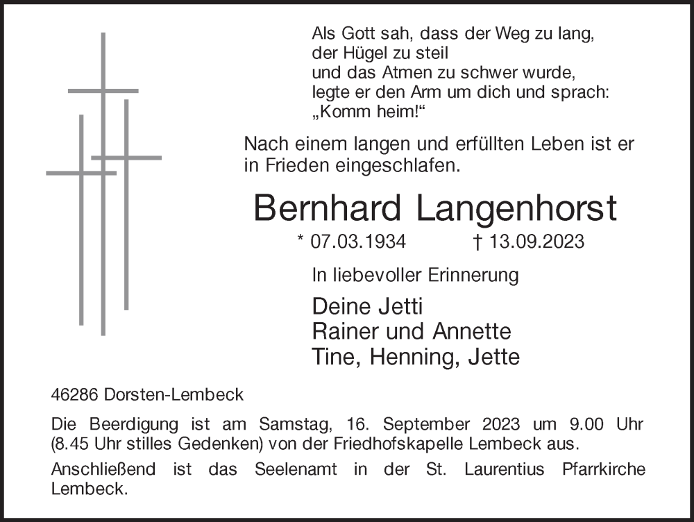  Traueranzeige für Bernhard Langenhorst vom 14.09.2023 aus Ruhr Nachrichten und Dorstener Zeitung