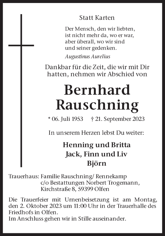 Traueranzeige von Bernhard Rauschning von Ruhr Nachrichten