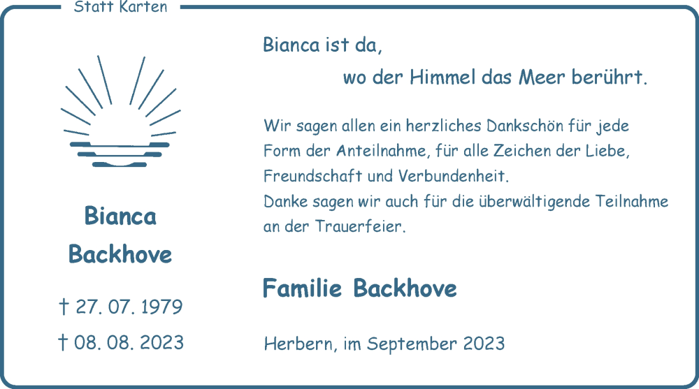  Traueranzeige für Bianca Backhove vom 23.09.2023 aus Ruhr Nachrichten