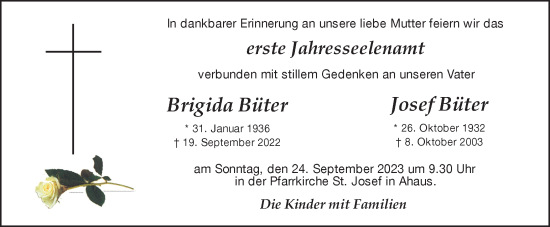 Traueranzeige von Brigida und Josef Büter von Münstersche Zeitung und Münsterland Zeitung