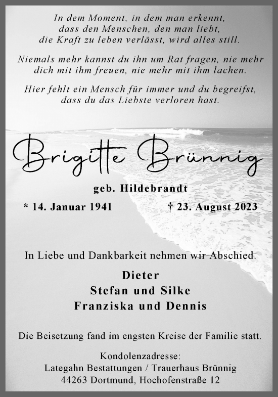 Traueranzeige von Brigitte Brünnig 