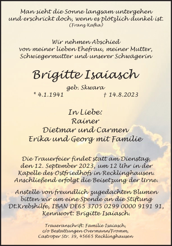 Traueranzeige von Brigitte Isaiasch von Medienhaus Bauer