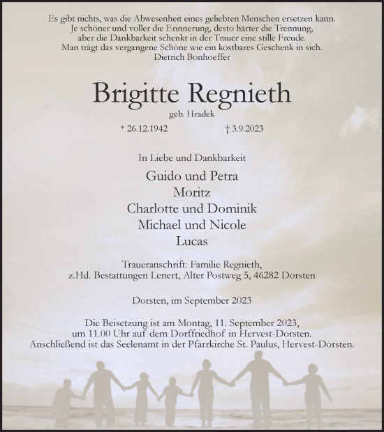 Traueranzeige von Brigitte Regnieth von Ruhr Nachrichten und Dorstener Zeitung