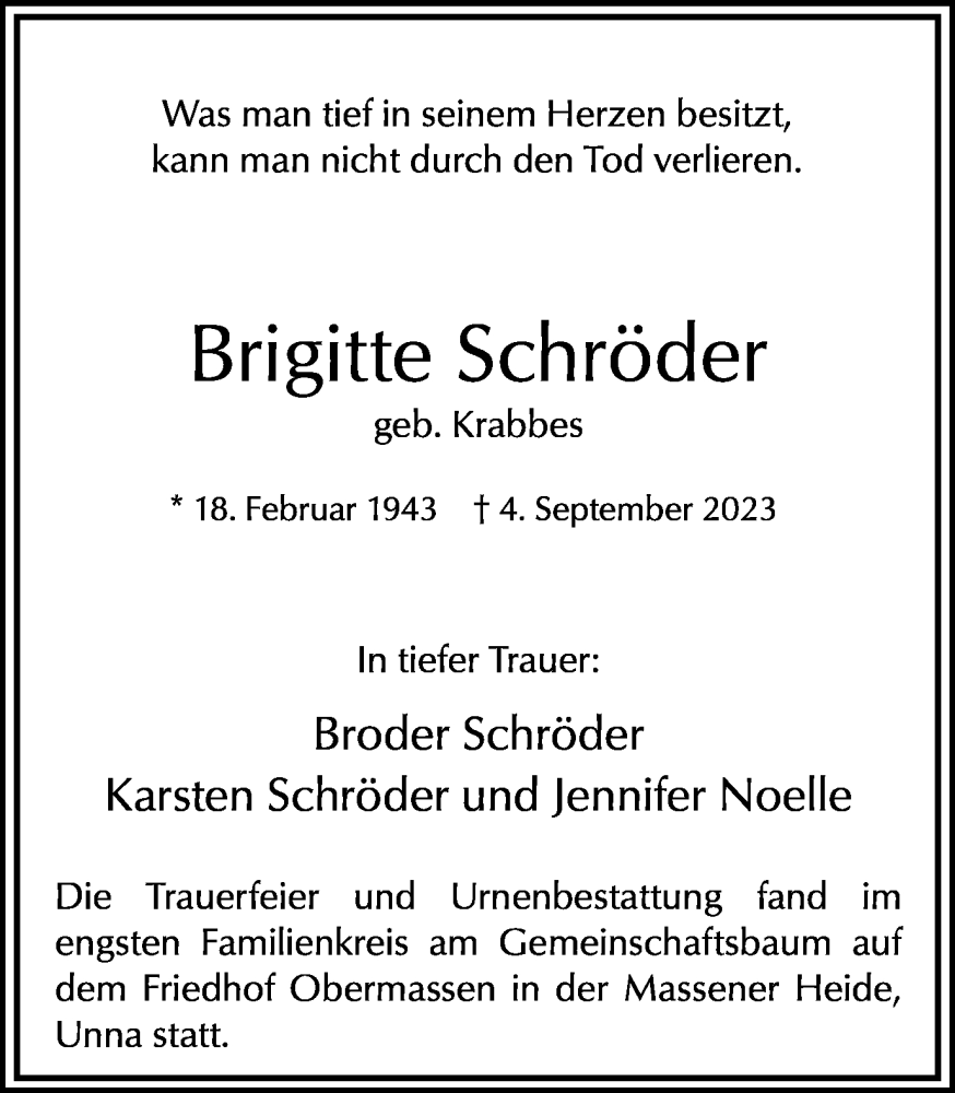  Traueranzeige für Brigitte Schröder vom 16.09.2023 aus Hellweger Anzeiger