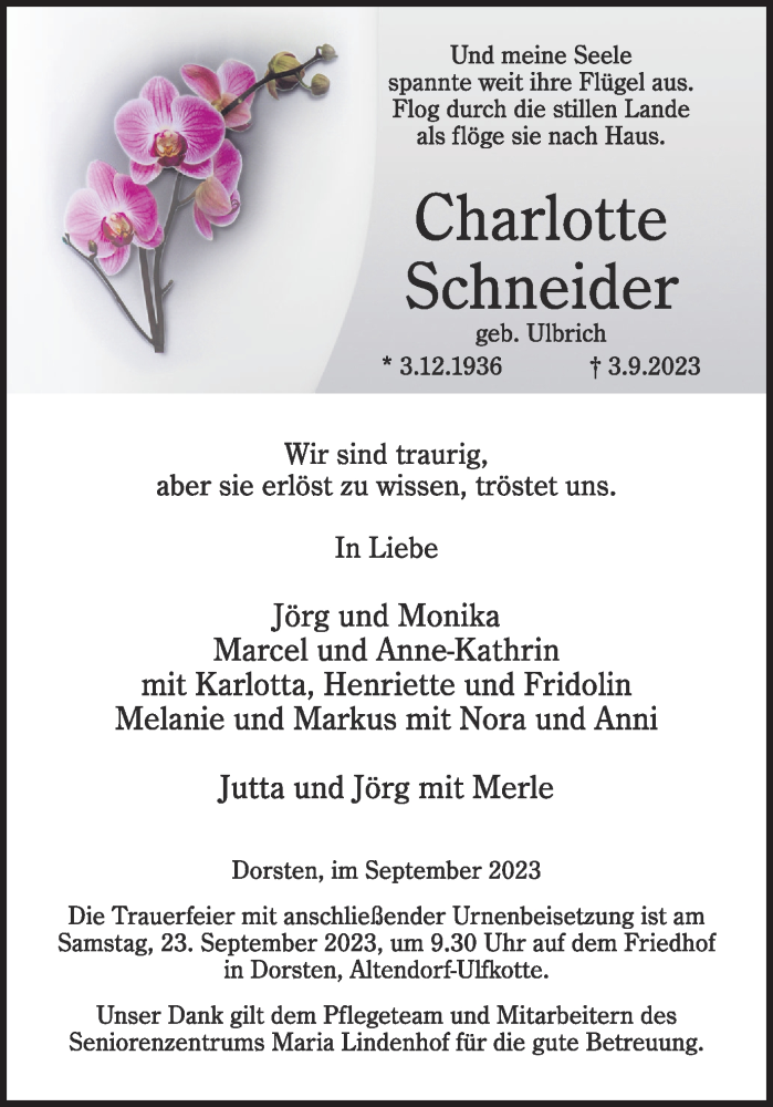  Traueranzeige für Charlotte Schneider vom 16.09.2023 aus Ruhr Nachrichten und Dorstener Zeitung