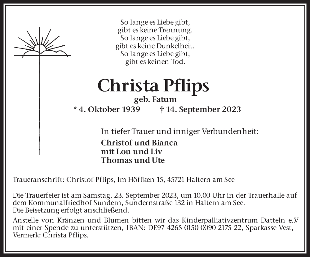  Traueranzeige für Christa Pflips vom 18.09.2023 aus Medienhaus Bauer