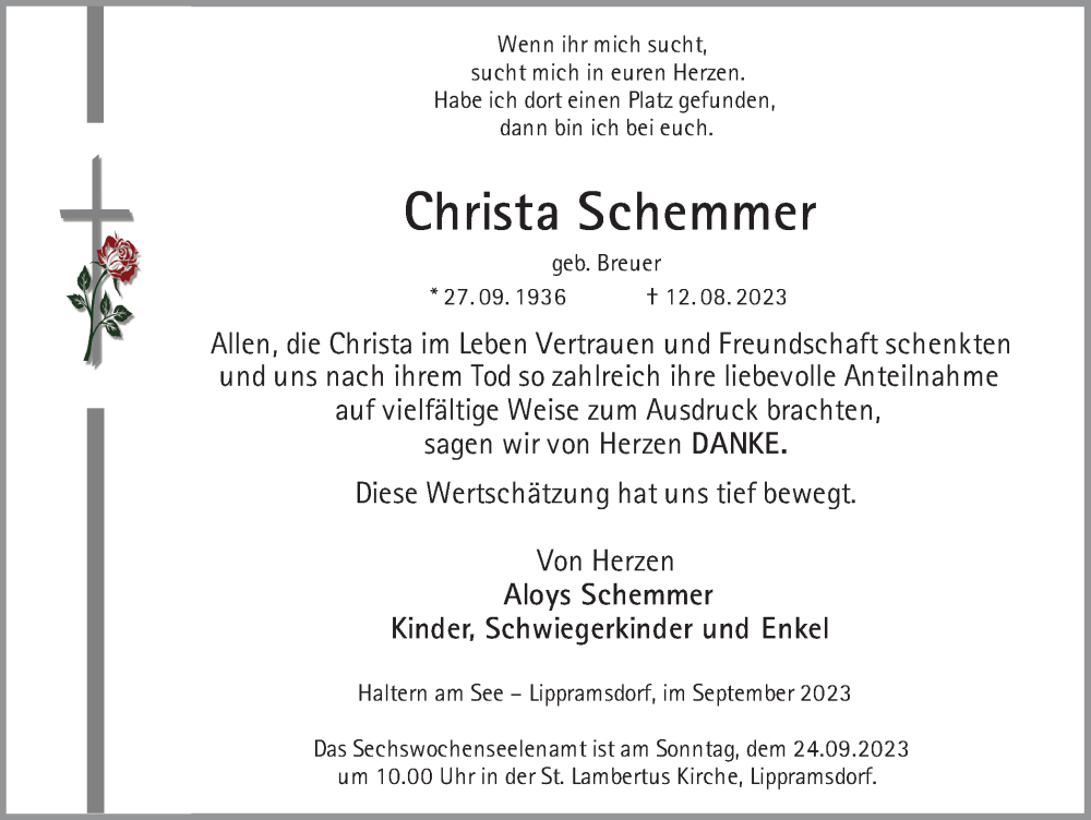  Traueranzeige für Christa Schemmer vom 19.09.2023 aus Ruhr Nachrichten und Halterner Zeitung