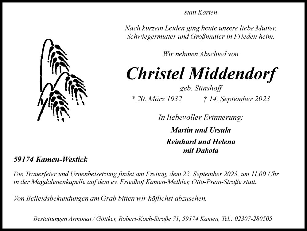  Traueranzeige für Christel Middendorf vom 16.09.2023 aus Hellweger Anzeiger