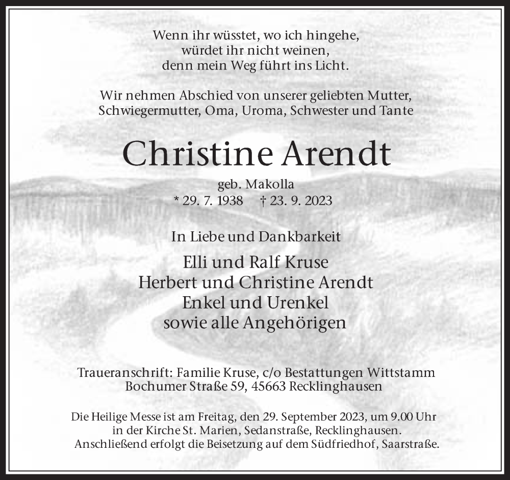 Traueranzeige für Christine Arendt vom 27.09.2023 aus Medienhaus Bauer