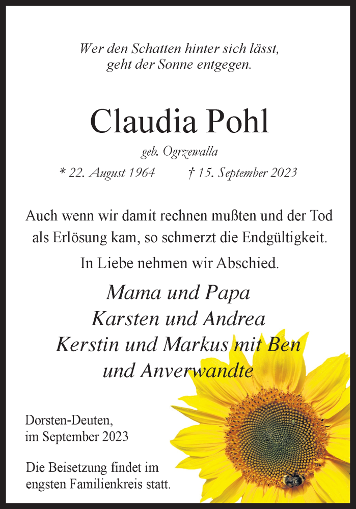  Traueranzeige für Claudia Pohl vom 23.09.2023 aus Ruhr Nachrichten und Dorstener Zeitung