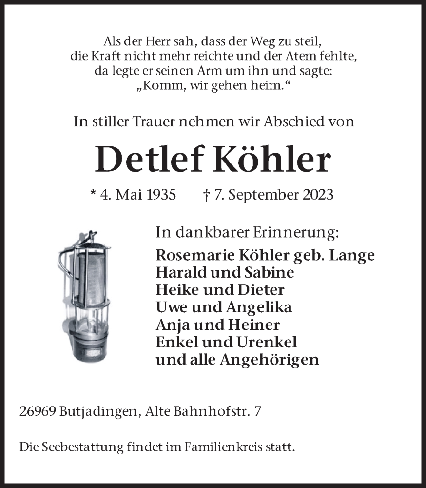  Traueranzeige für Detlef Köhler vom 16.09.2023 aus Hellweger Anzeiger