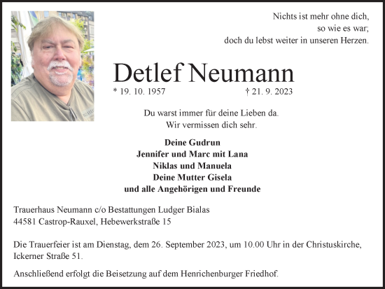Traueranzeige von Detlef Neumann von Ruhr Nachrichten