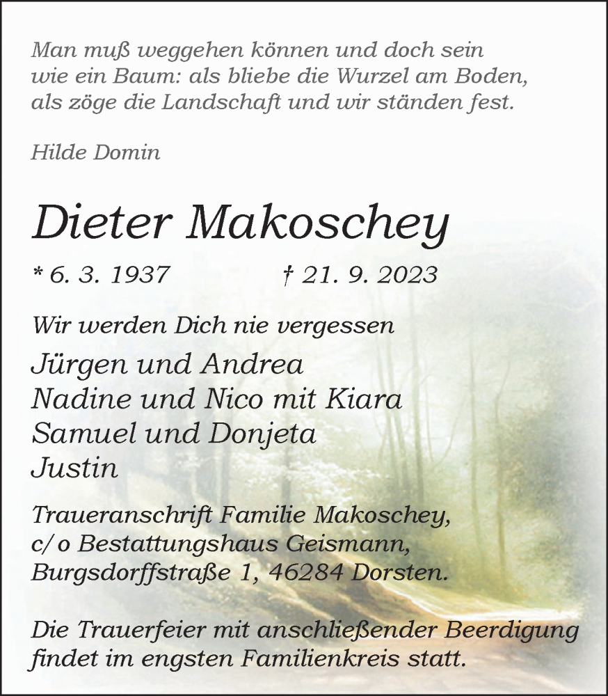  Traueranzeige für Dieter Makoschey vom 23.09.2023 aus Ruhr Nachrichten und Dorstener Zeitung