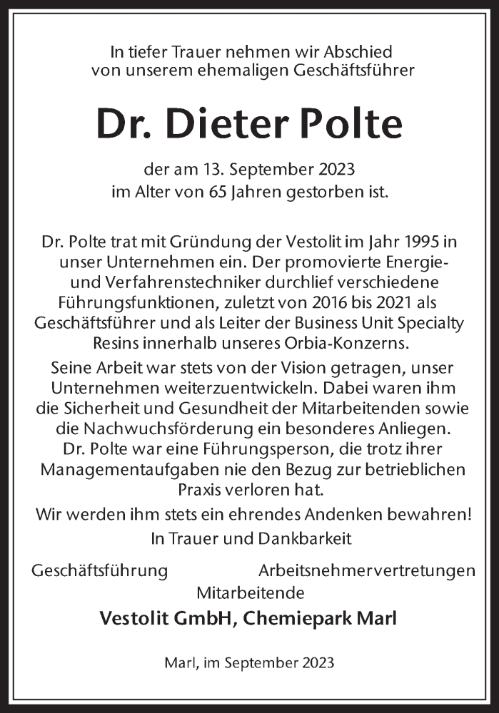  Traueranzeige für Dieter Polte vom 20.09.2023 aus Medienhaus Bauer