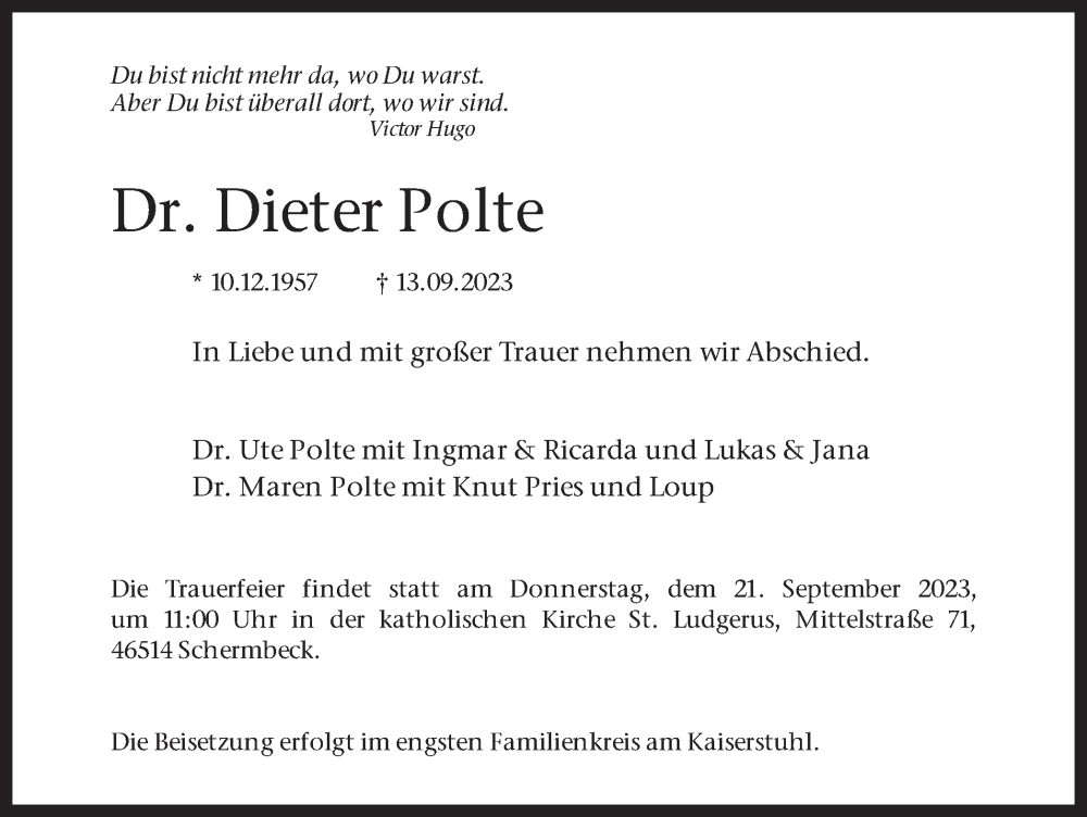  Traueranzeige für Dieter Polte vom 16.09.2023 aus 