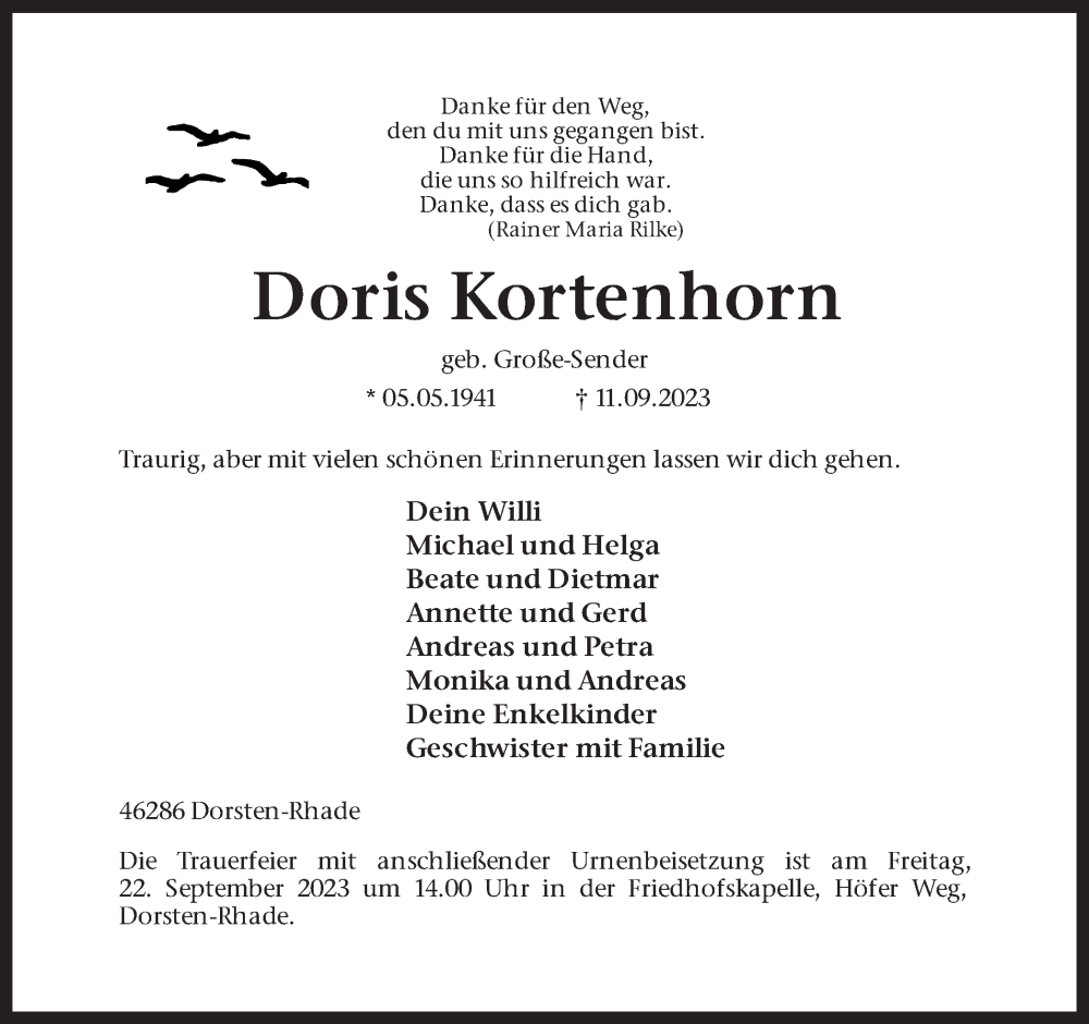  Traueranzeige für Doris Kortenhorn vom 16.09.2023 aus Ruhr Nachrichten und Dorstener Zeitung