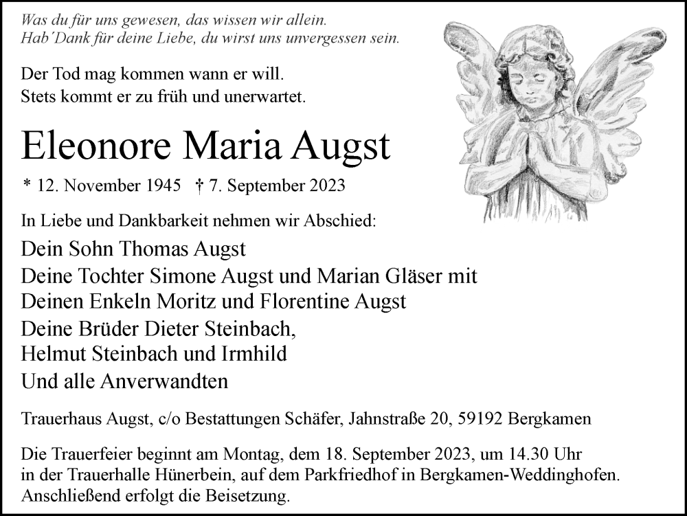 Traueranzeige für Eleonore Maria Augst vom 13.09.2023 aus Hellweger Anzeiger