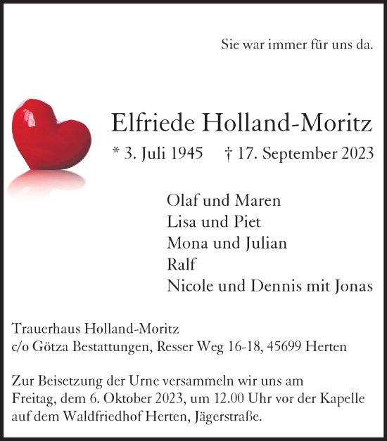 Traueranzeige von Elfriede Holland-Moritz