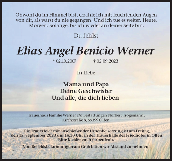 Traueranzeige von Elias Angel Benicio Werner von Ruhr Nachrichten
