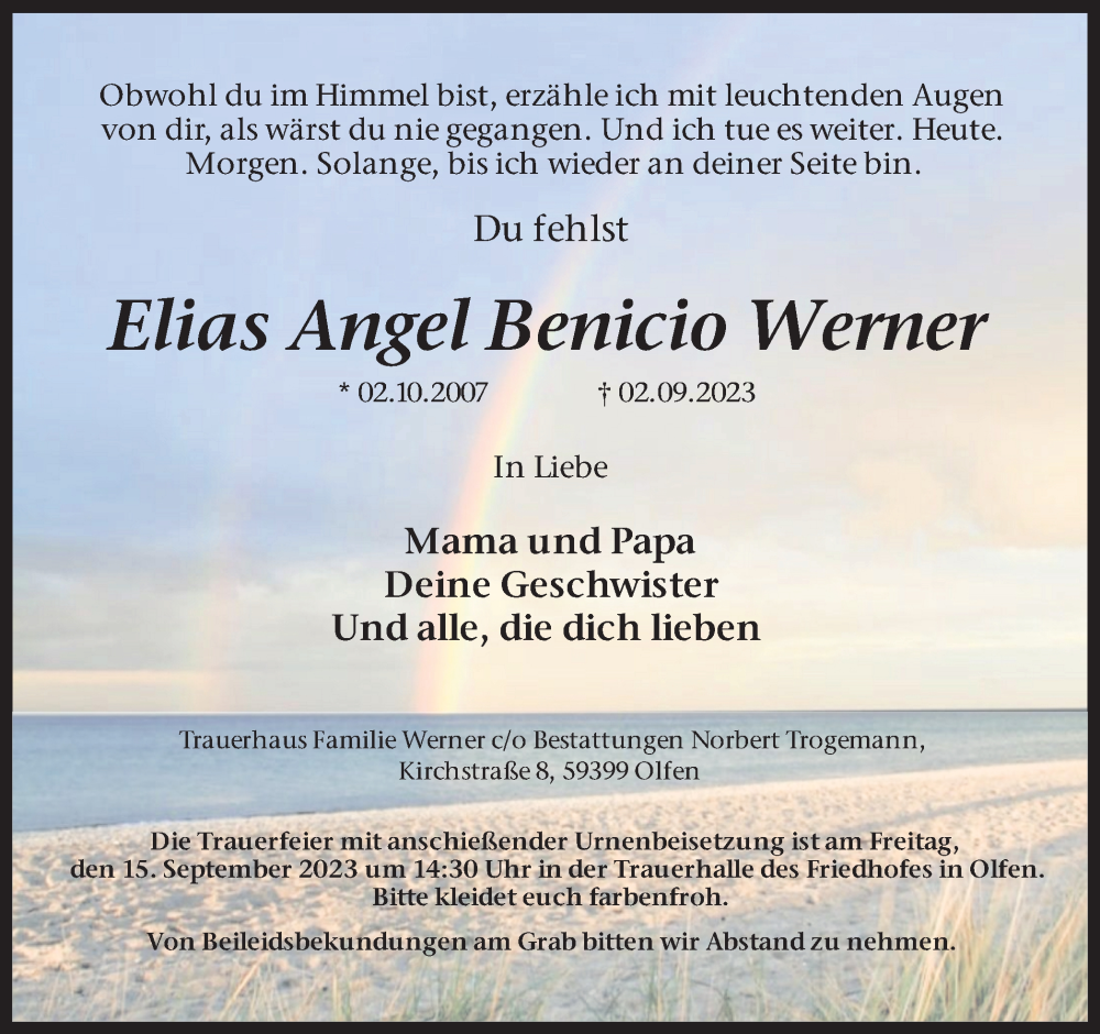  Traueranzeige für Elias Angel Benicio Werner vom 09.09.2023 aus Ruhr Nachrichten