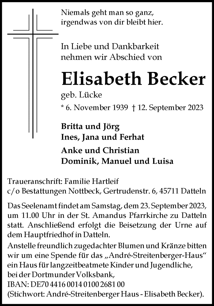  Traueranzeige für Elisabeth Becker vom 20.09.2023 aus Medienhaus Bauer