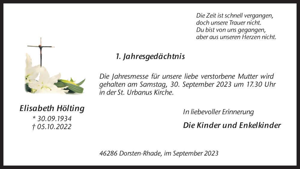  Traueranzeige für Elisabeth Hölting vom 27.09.2023 aus Ruhr Nachrichten und Dorstener Zeitung