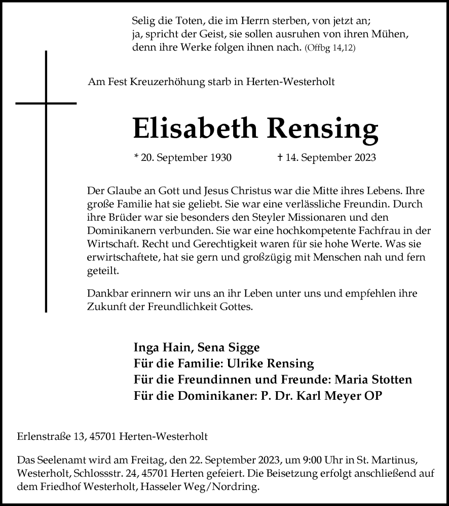  Traueranzeige für Elisabeth Rensing vom 20.09.2023 aus Medienhaus Bauer