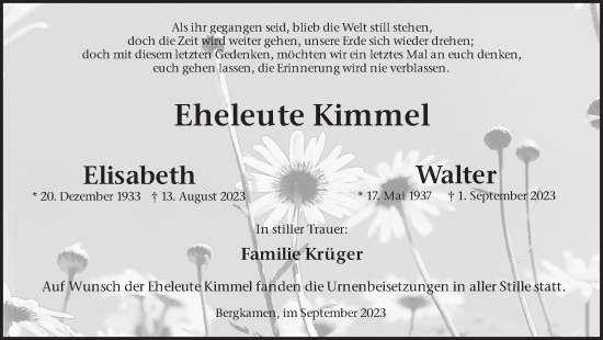 Traueranzeige von Elisabeth und Walter Kimmel von Hellweger Anzeiger