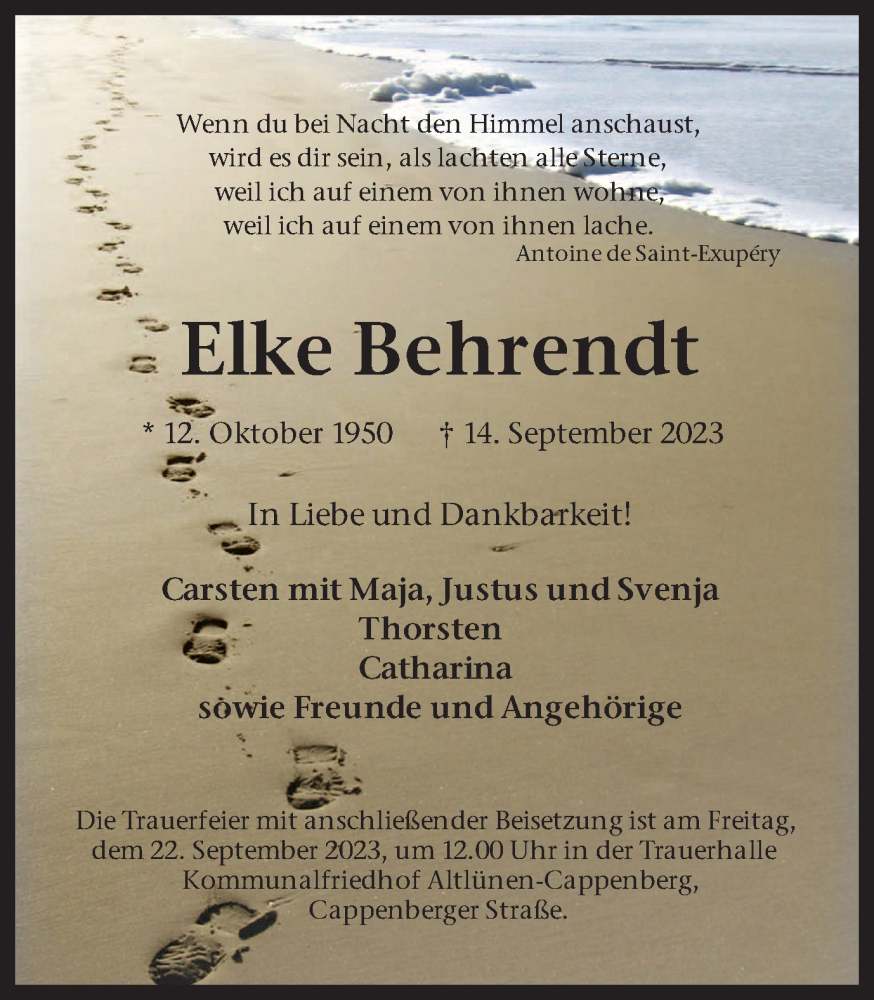  Traueranzeige für Elke Behrendt vom 19.09.2023 aus Ruhr Nachrichten