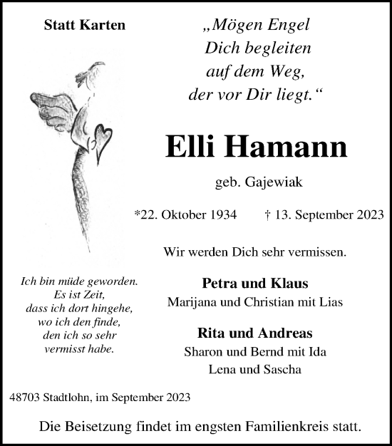 Traueranzeige von Elli Hamann von Münstersche Zeitung und Münsterland Zeitung