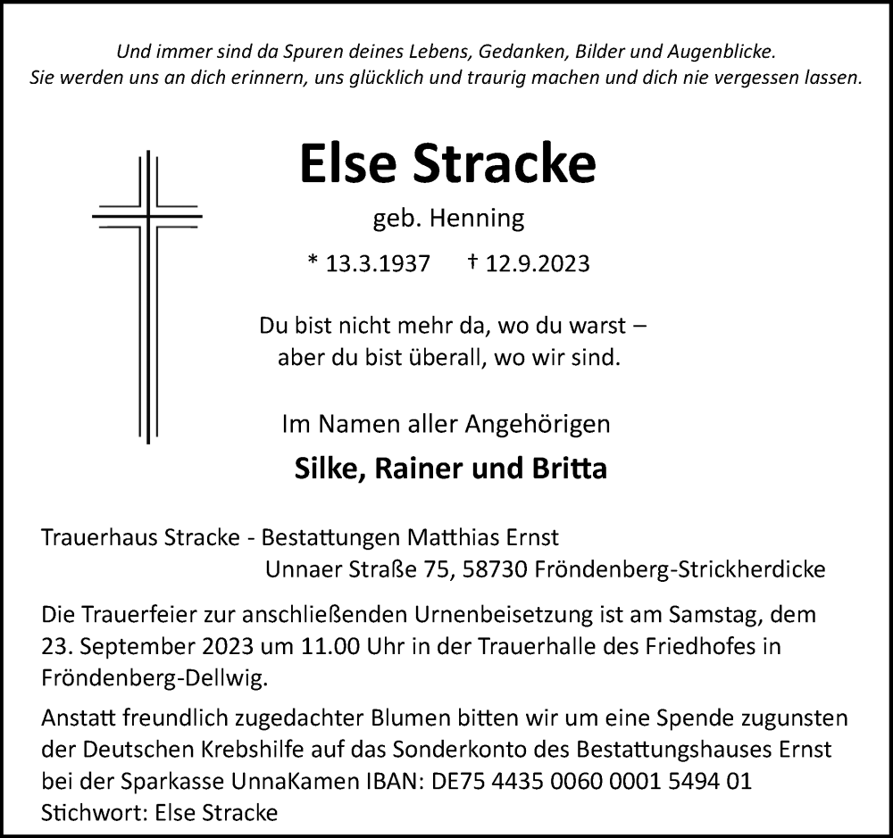  Traueranzeige für Else Stracke vom 19.09.2023 aus Hellweger Anzeiger