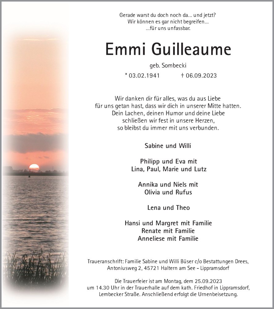 Traueranzeige für Emmi Guilleaume vom 13.09.2023 aus Ruhr Nachrichten und Halterner Zeitung