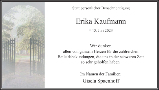 Traueranzeige von Erika Kaufmann von Hellweger Anzeiger