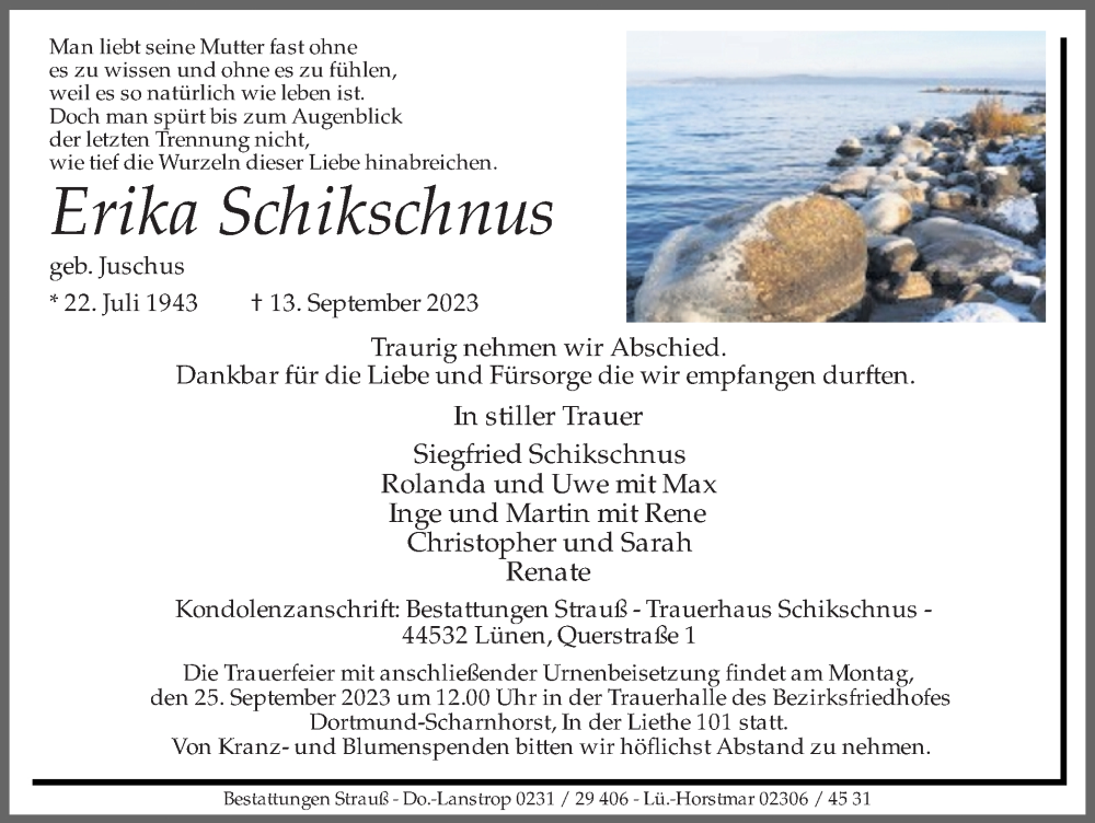  Traueranzeige für Erika Schickschnus vom 16.09.2023 aus Ruhr Nachrichten