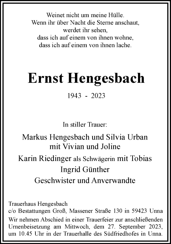Traueranzeige von Ernst Hengesbach von Hellweger Anzeiger