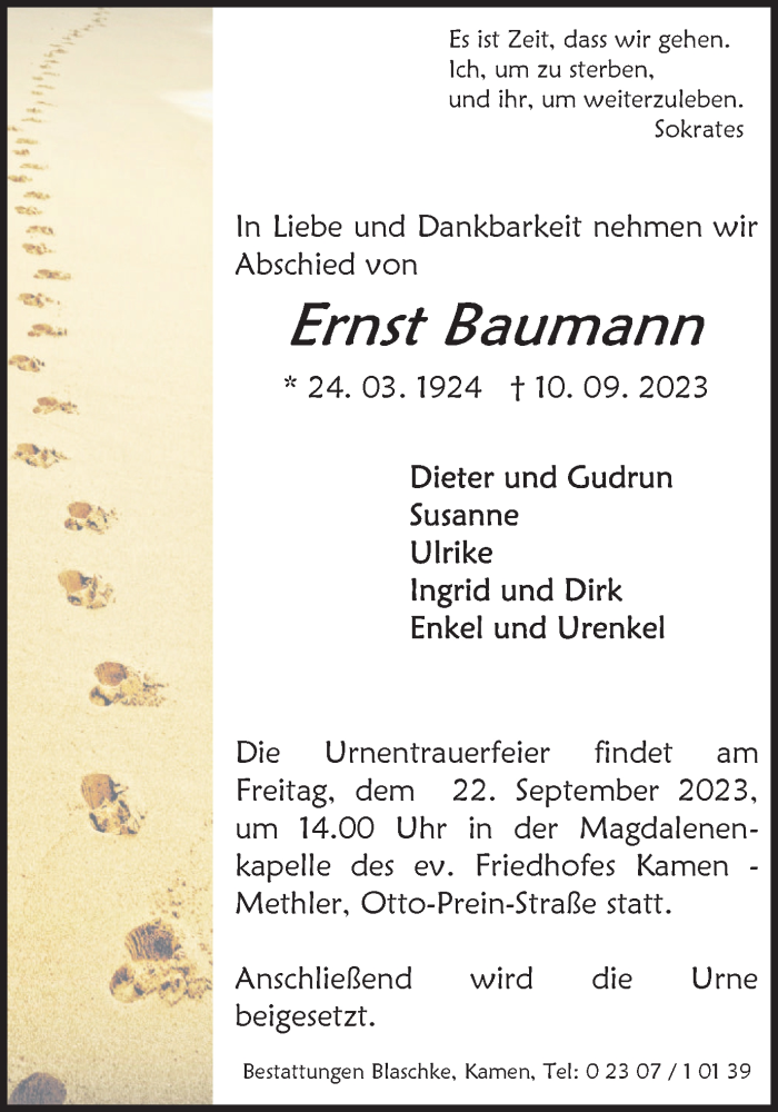  Traueranzeige für Ernst Raumann vom 16.09.2023 aus Hellweger Anzeiger