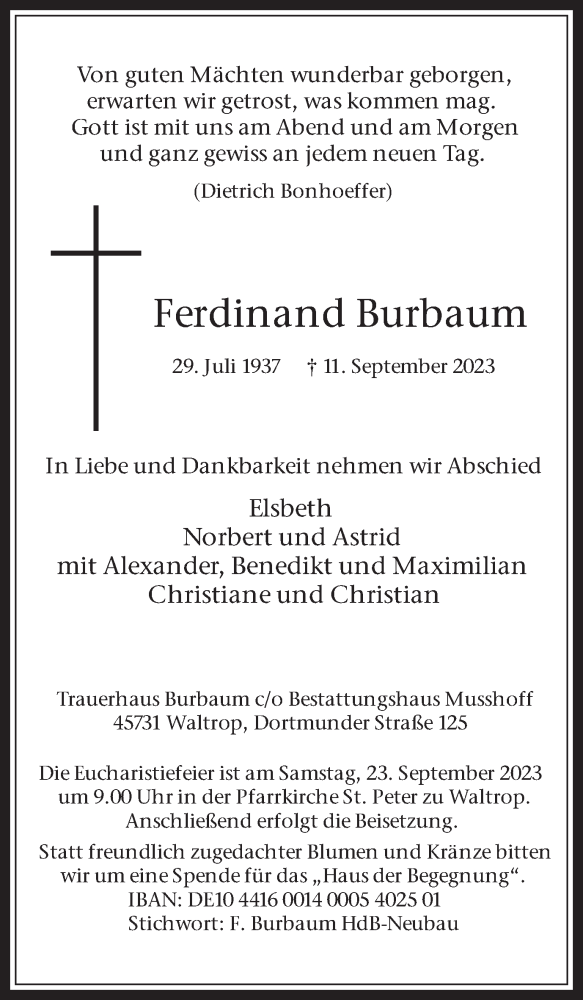  Traueranzeige für Ferdinand Burbaum vom 16.09.2023 aus Medienhaus Bauer